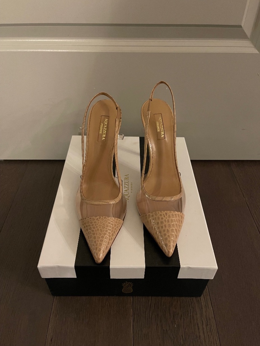 Aquazzura Temptation Pump 105 Printed Crocodile/PVC in Dark Nude